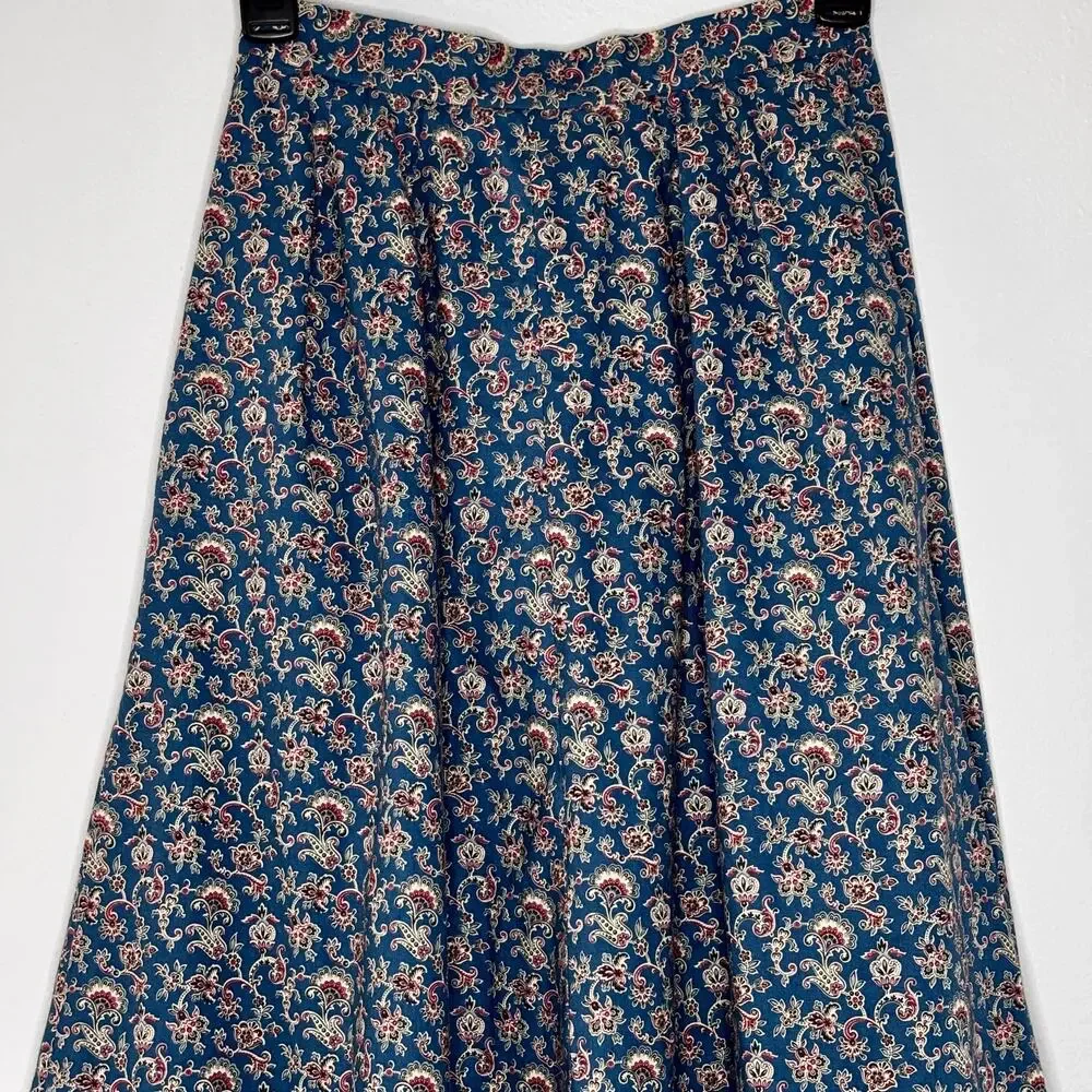 Vintage 1970s Handmade Blue Paisley Chore Skirt Apron Ruffle Pockets Large